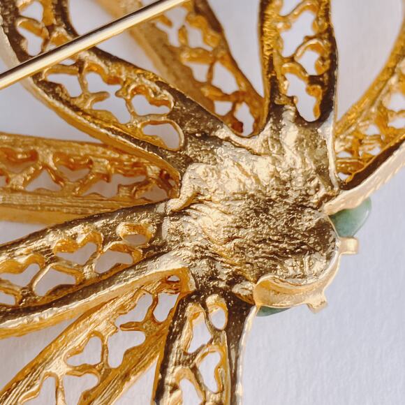 VTG Mid Century Bow Brooch Gold Filigree Green Cabochon Stone 1960s Jewelry - Picture 8 of 10